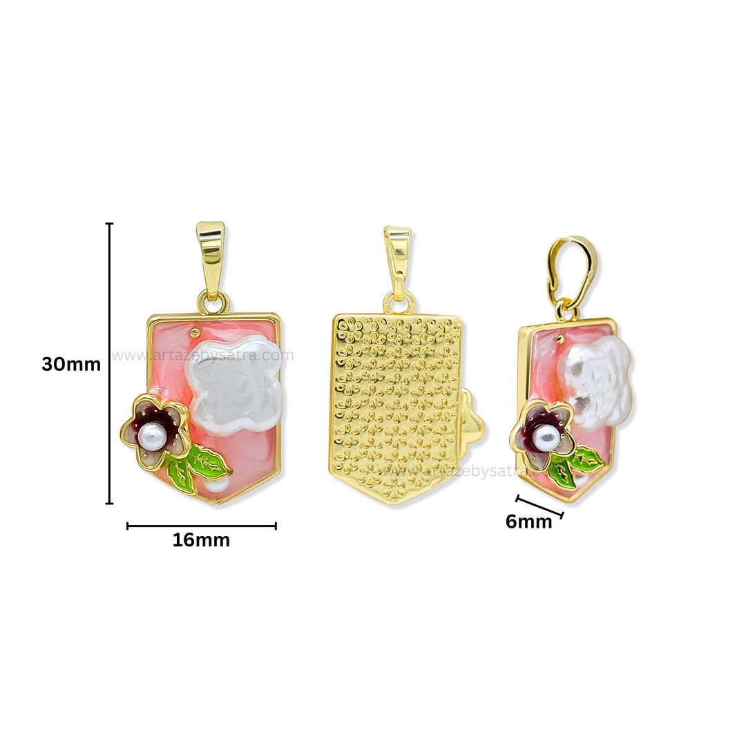 Gold Filled Enamel Shield Pendant with Flower & Pearl Accent | Qty : 1pc | Size : 30mm