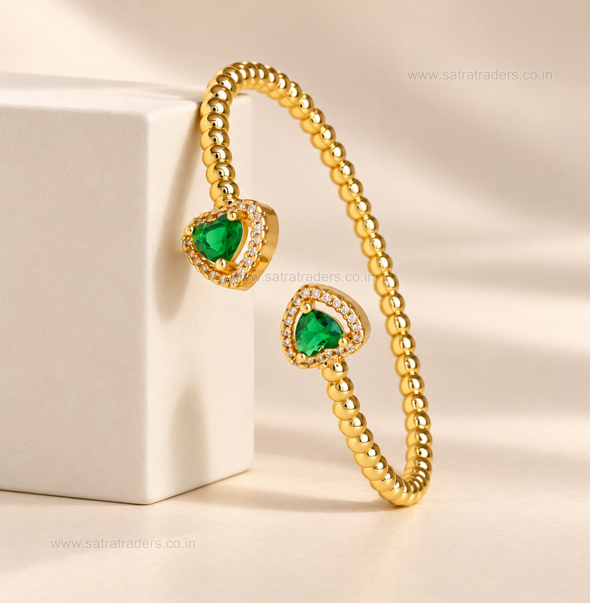 Green Heart Gemstone Beaded Brass Kada | 1pc | K138