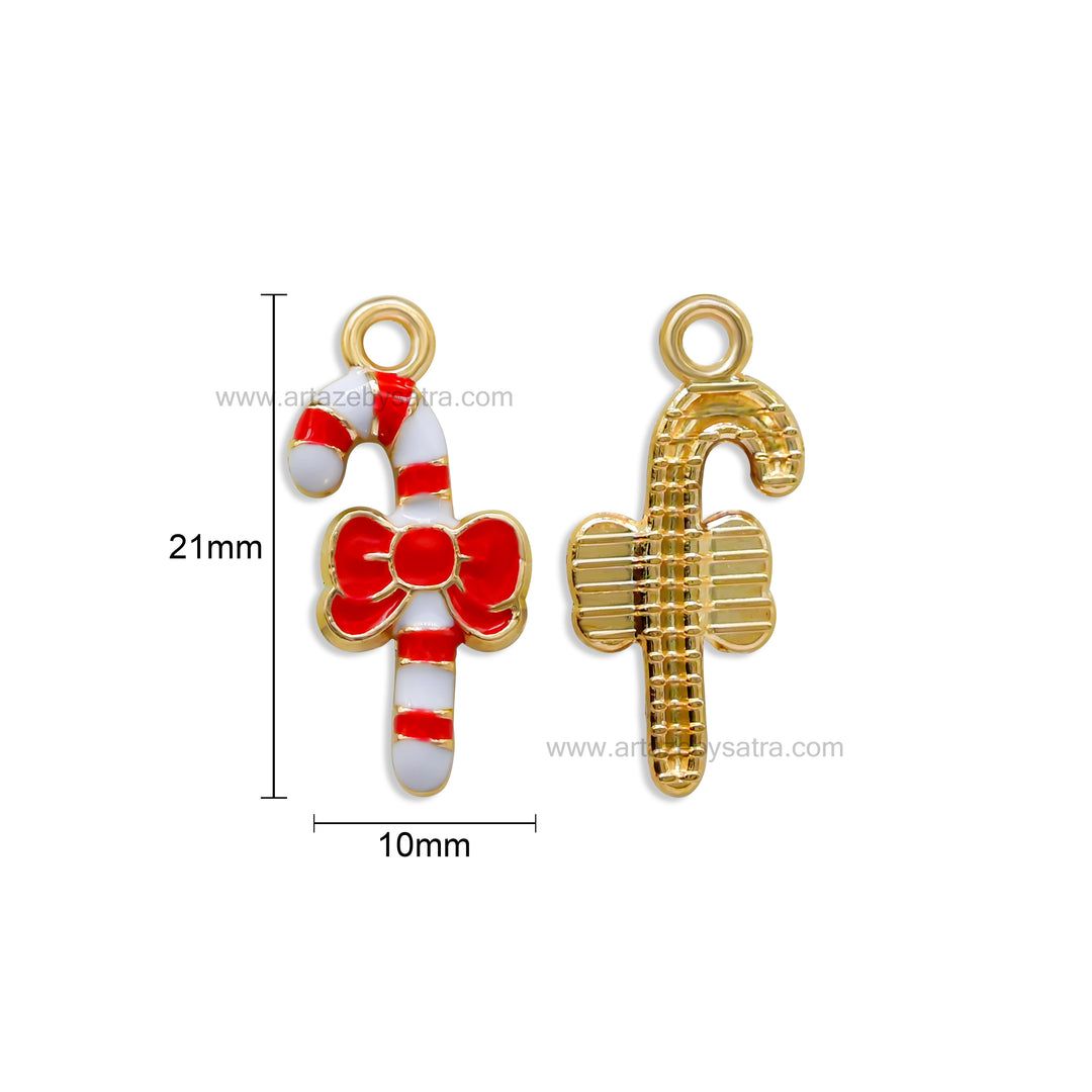 Bow-Tied Candy Cane Enamel Charms | Size : 21mm | Qty : 10pcs