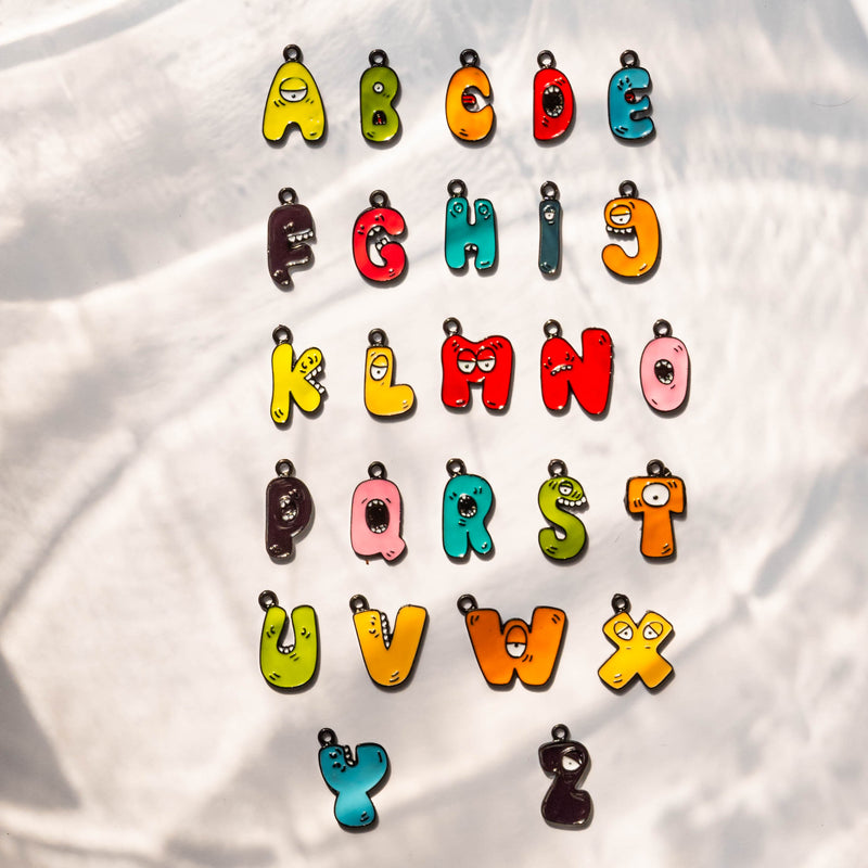 Doodle Alphabet Enamel Charms | Black Plated | 6pcs