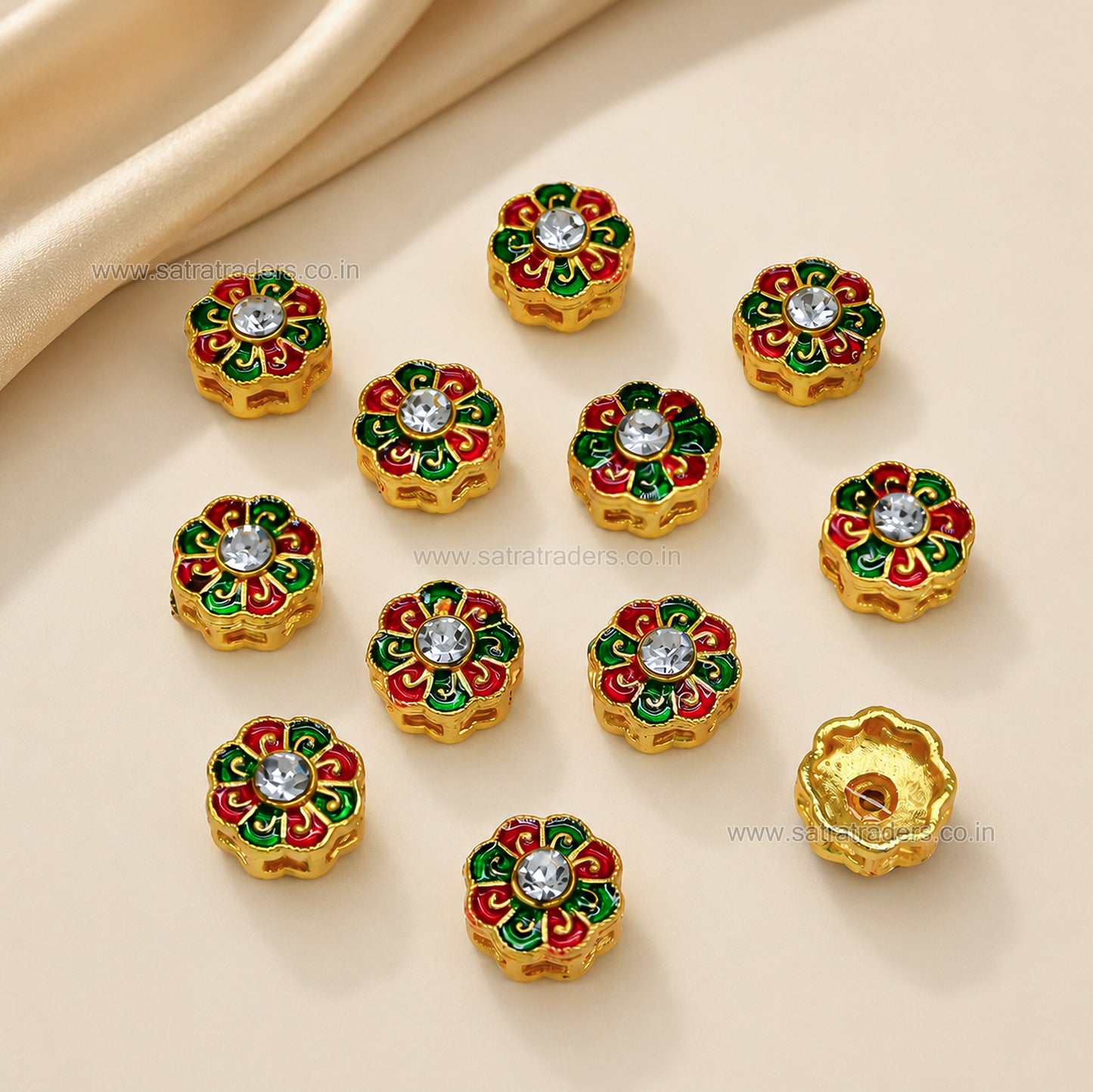 Floral Meenakari Spacer Beads with Rhinestone  | Size : 11mm | Qty : 12pcs | MKB134