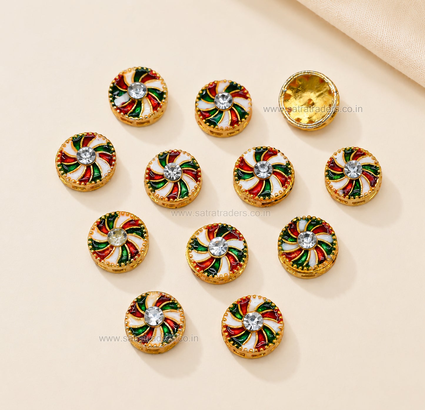 Round pinwheel Meenakari Bead with Rhinestone | Size : 13mm | Qty : 12pcs | MKB130