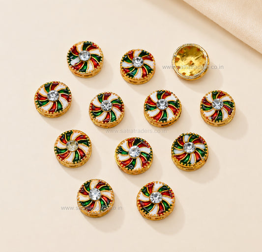Round pinwheel Meenakari Bead with Rhinestone | Size : 13mm | Qty : 12pcs | MKB130