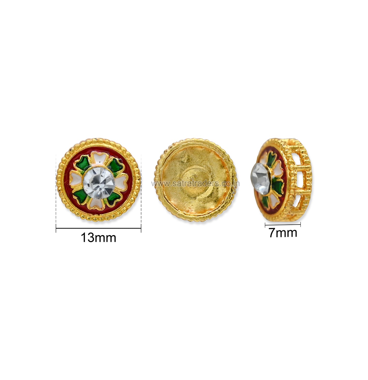 Round Floral Meenakari Bead with Rhinestone | Size : 13mm | Qty : 12pcs | MKB129
