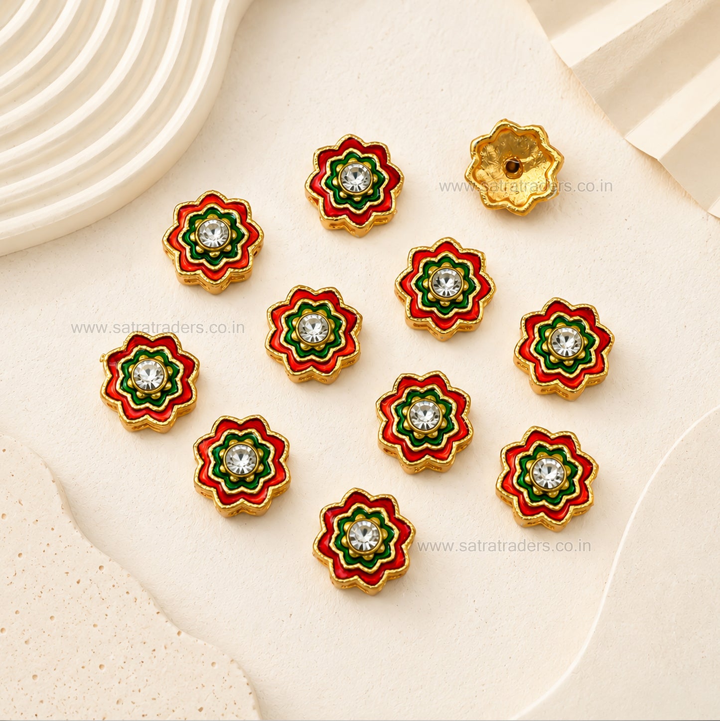 Meenakari Floral Spacer Bead with Rhinestone | Size : 13mm | Qty : 12pcs | MKB128