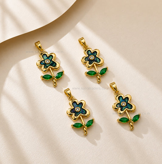 Abalone Flower & Emerald Leaf Anti-Tarnish Charm | Size : 25mm | Qty : 1pc