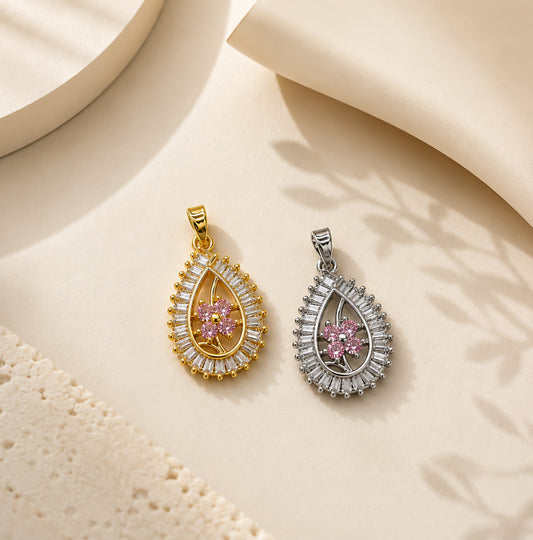 Pink Floral Teardrop Anti-Tarnish Charm | Size : 26mm | Qty : 1pc