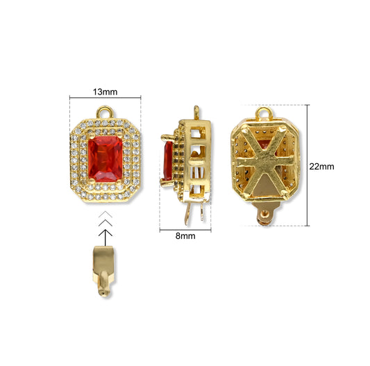 High Quality Emerald-cut red Brass Connector Charm With clip-on | Size : 22mm | Qty : 1pcs | BC24