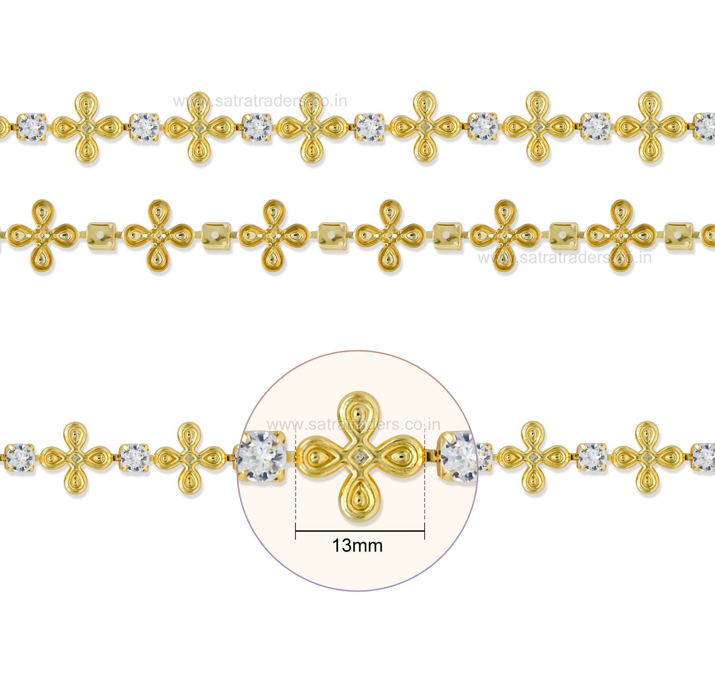 Brass 4-Petal Flower Rhinestone Cup Chain | Size : 1m | BC1005