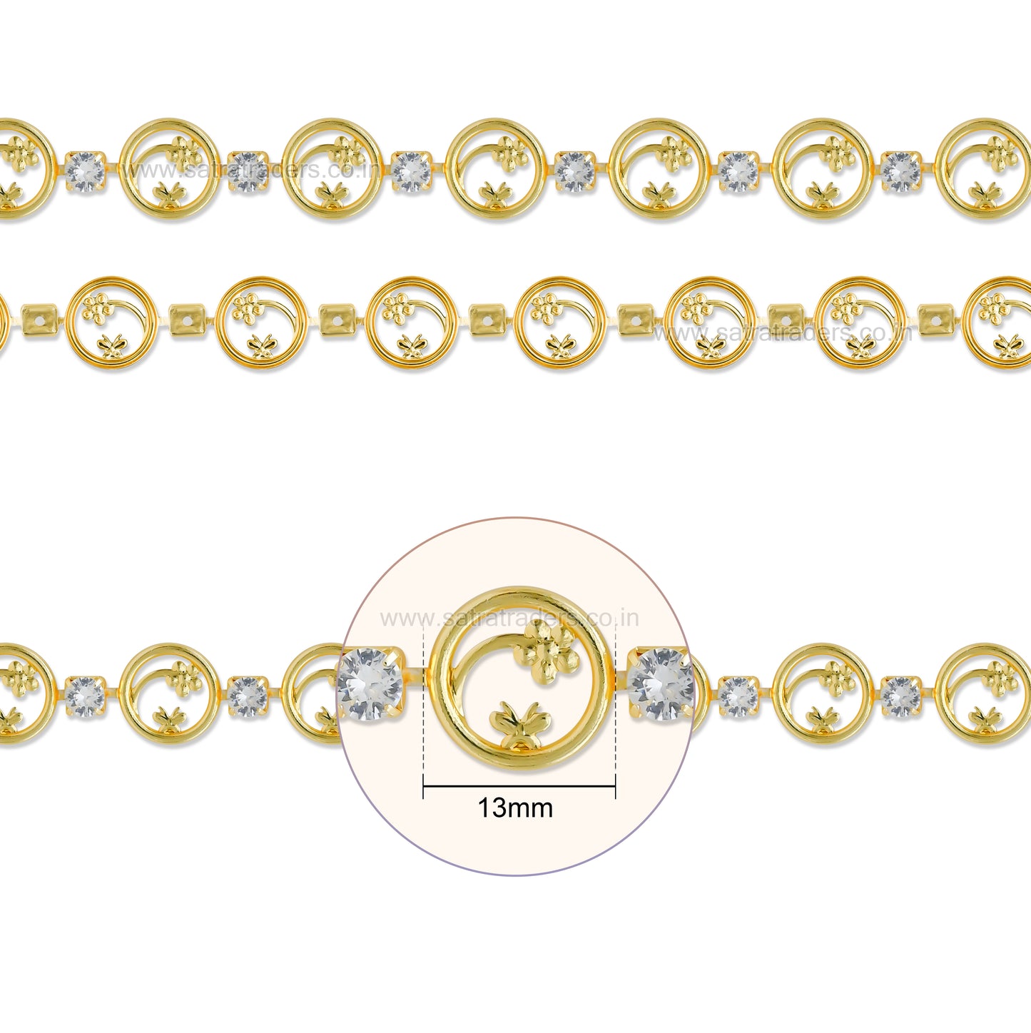 Brass Circular Floral Motif Rhinestone Cup Chain | Size : 1m | BC1006