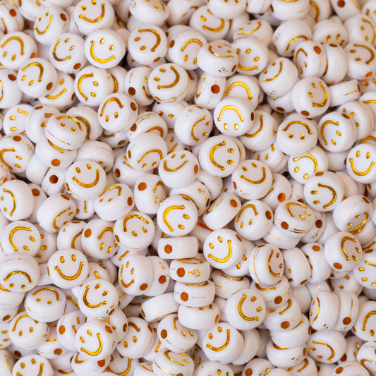 White Smiley Face Acrylic Beads with Gold Foil | Size : 7mm | PB116