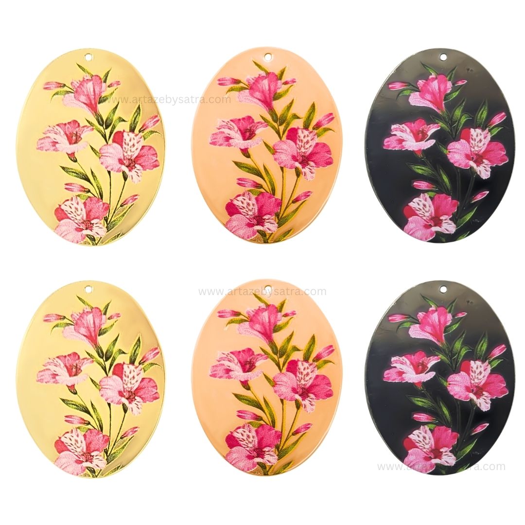 1 Loop Oval Floral Matt Finish Metal Art | Size : 45mm | Qty : 20pcs | MF05