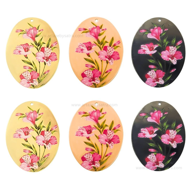 1 Loop Oval Floral Matt Finish Metal Art | Size : 45mm | Qty : 6pcs | MA364