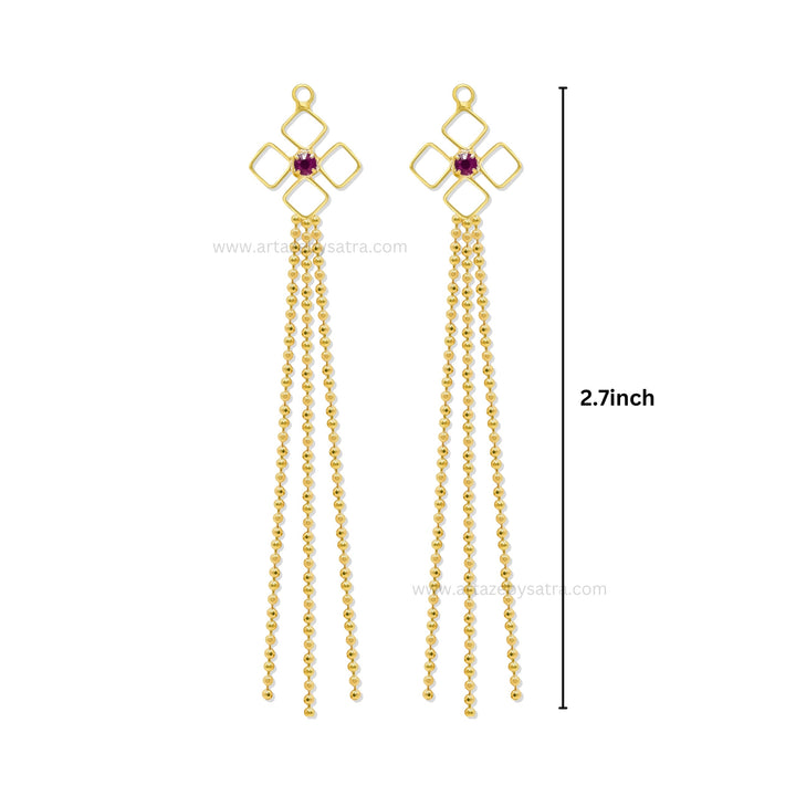 Gold Tone Geometric Earring Charms with Ruby & Cascading Ball Chains  | Qty : 1 pair | Size : 2.7inch