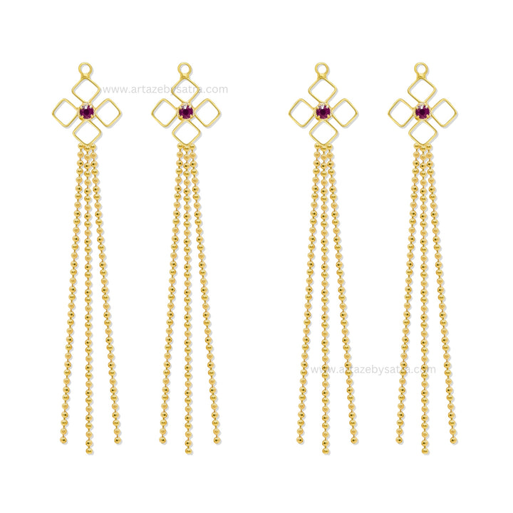 Gold Tone Geometric Earring Charms with Ruby & Cascading Ball Chains  | Qty : 1 pair | Size : 2.7inch