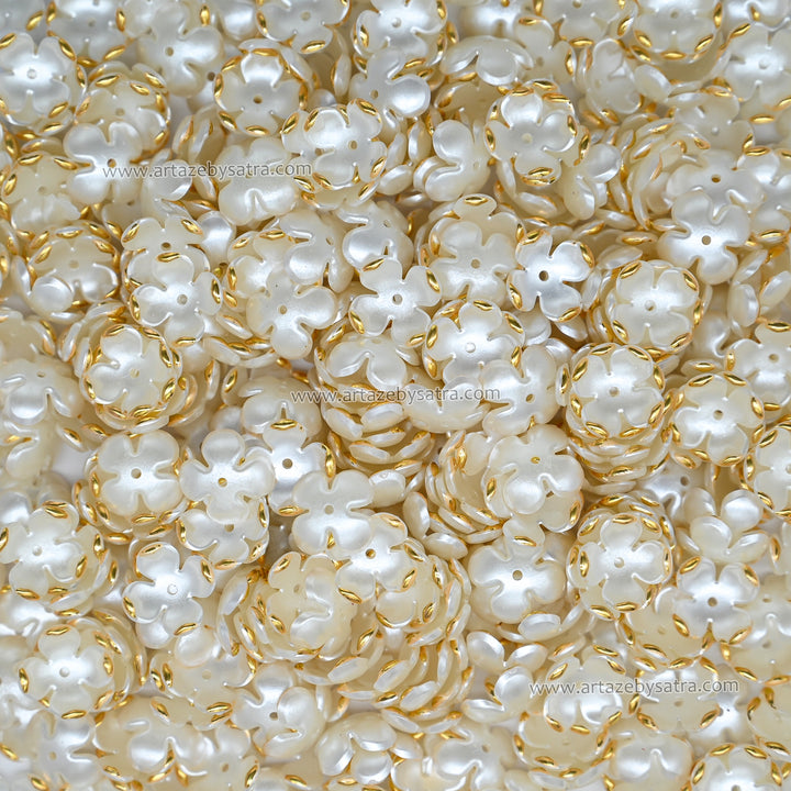 Pearl White Floral Spacer Beads with Gold Edging | Size : 17mm | PB300