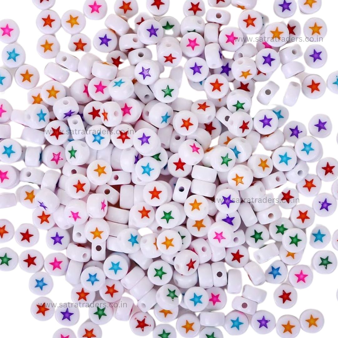 Round Beads in White with Colorful Star | Size : 6mm | PB64