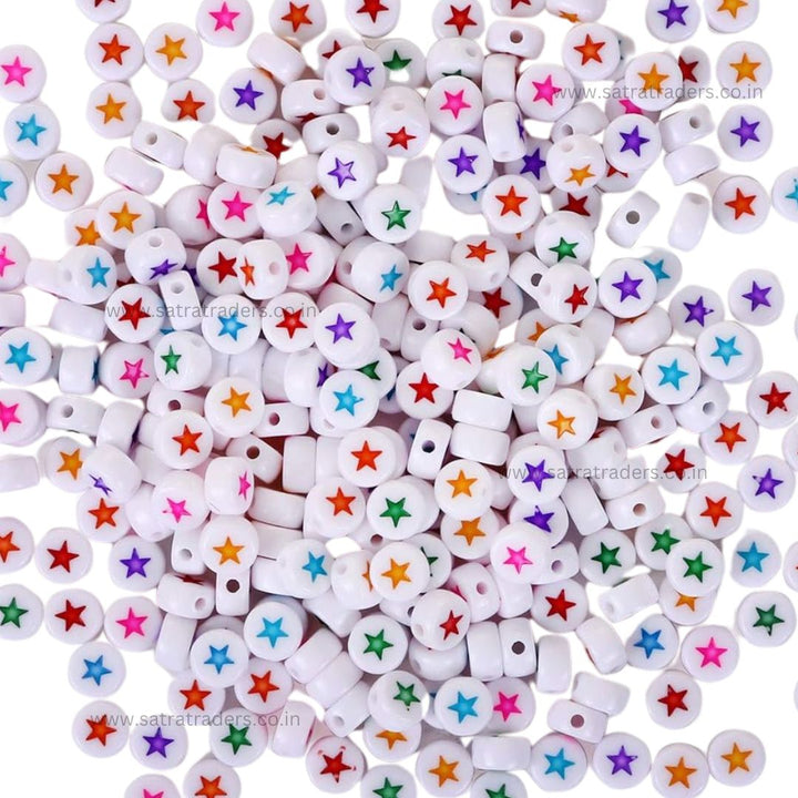 Round Beads in White with Colorful Star | Size : 6mm | PB64