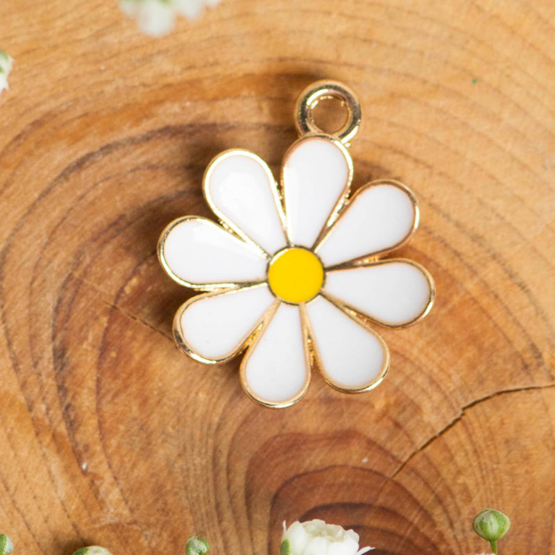 Curved Daisy Flower Enamel Charms | Size : 16mm-Ring : 4mm | 10 Pcs