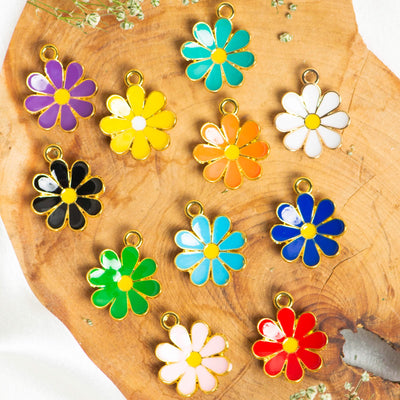 Curved Daisy Flower Enamel Charms | Size : 16mm-Ring : 4mm | 10 Pcs