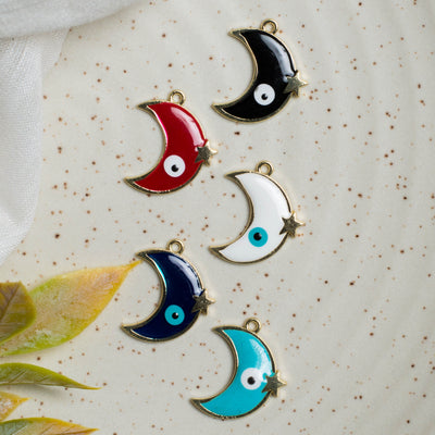 Moon Shape Evil Eye Charms |  Size 14mm (W) | 6Pcs