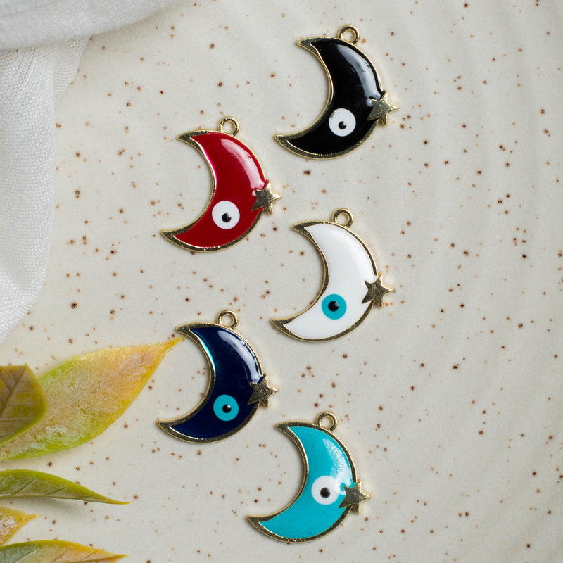 Moon Shape Evil Eye Charms |  Size 14mm (W) | 6Pcs