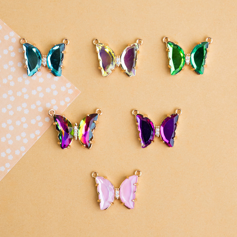 Crystal Butterfly Charms  2 Side Ring | Size : H-16mm W-22mm | 2Pcs